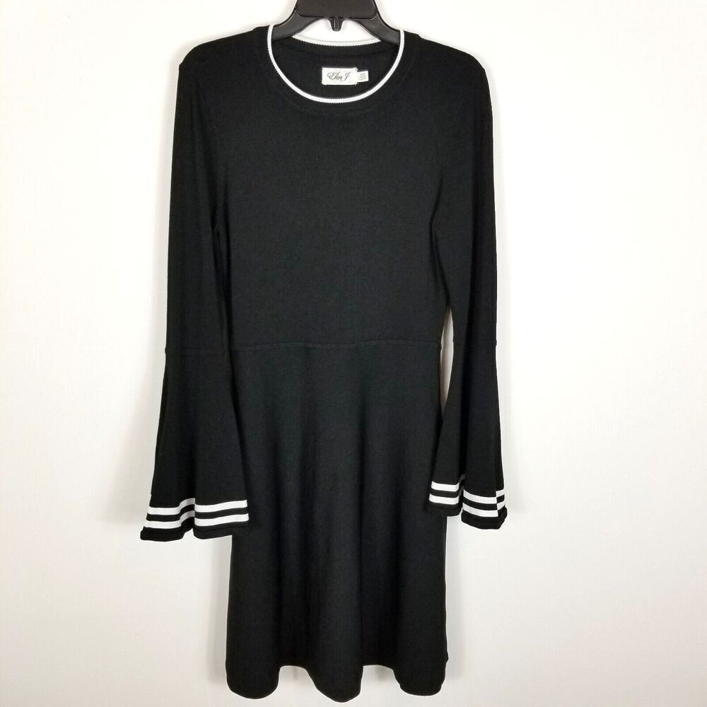 Eliza J Women Bell Sleeve Fit and Flare Knit Dress Size S Black‎ White Trim